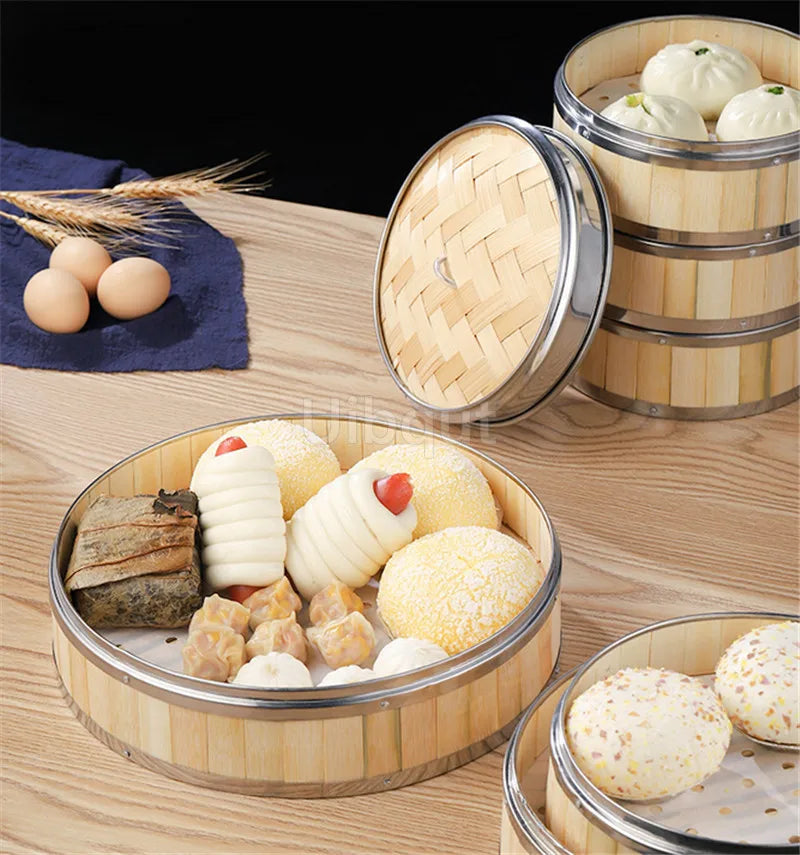 Bamboo Food Steamer basket with Stainless Steel Banding No Lid Bun Steaming Basket Dumplings DimSum Cage Cooker Kitchen Gadget