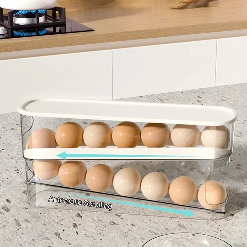 Double Layers Egg Storage Box Refrigerator Automatic Rolling Slide Egg Rack Refrigerator Side Door Freshness Box Kitchen Storage