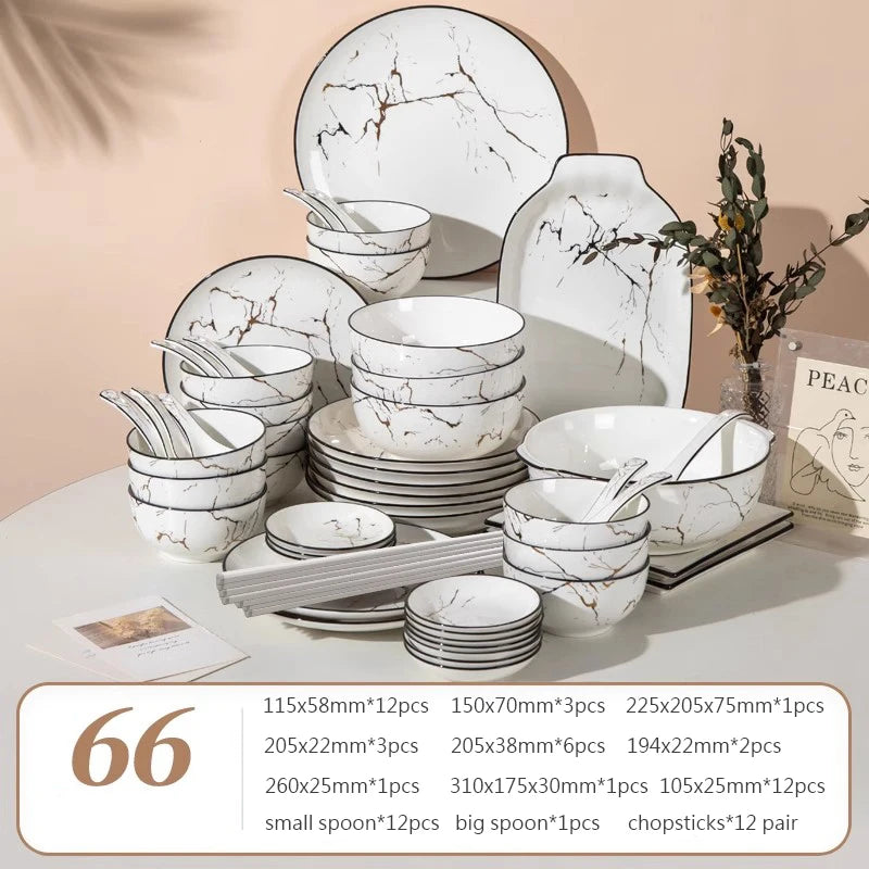 Black Border Ceramic Dishes and Plates Sets, Creative Marble Dinner Plate, Nordic Round Dessert Dishes, Household Tableware