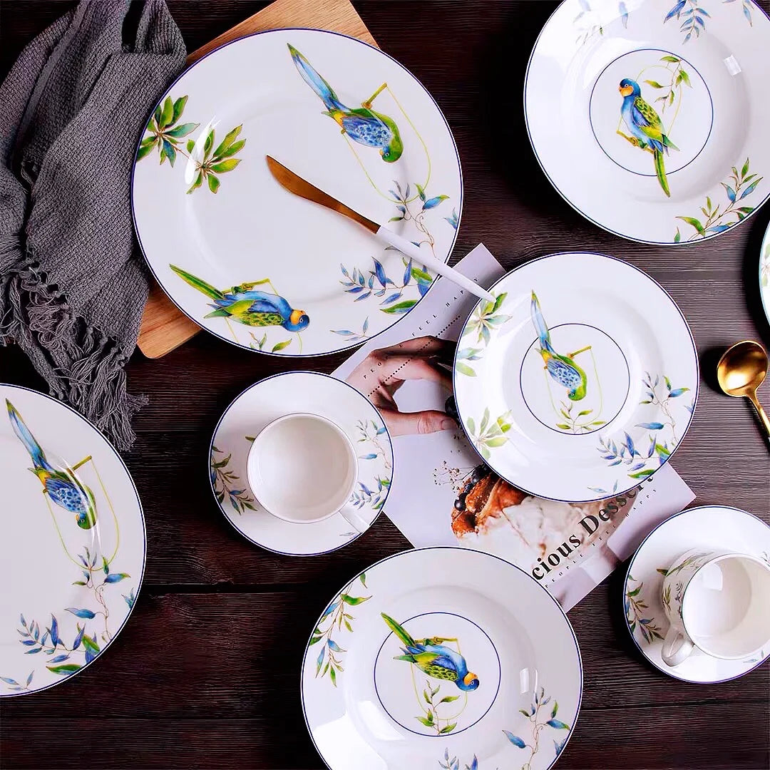 Parrot bone china tableware set, American Western dishes, household dishes, soup plates, coffee cups, European and American past