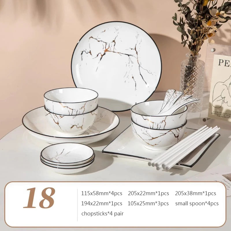 Black Border Ceramic Dishes and Plates Sets, Creative Marble Dinner Plate, Nordic Round Dessert Dishes, Household Tableware