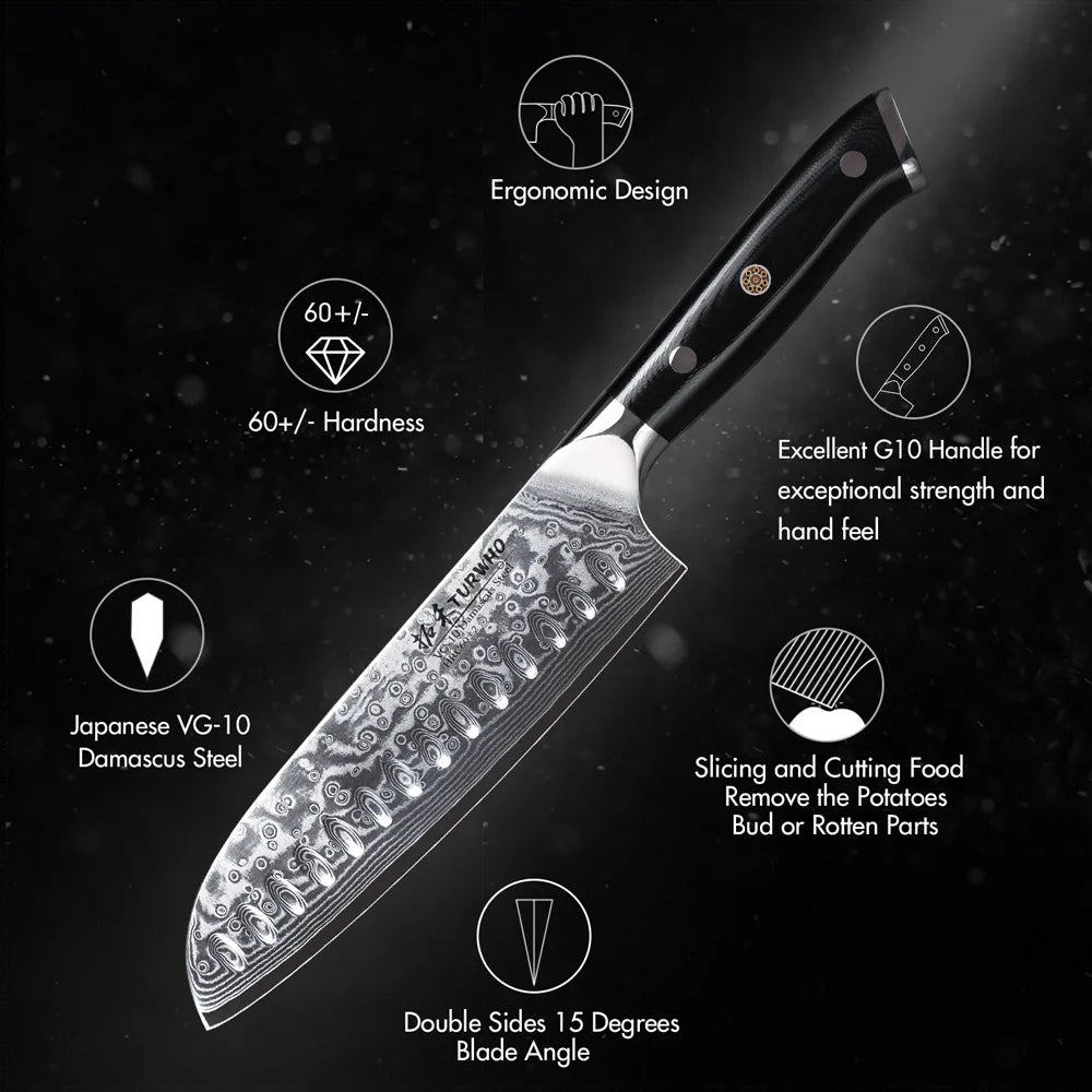 TURWHO 7" Japanese Style Santoku Knife Damascus Steel Professional Chef Knife Slicing Meat Cleaver Beef Kitchen Cooking Tools