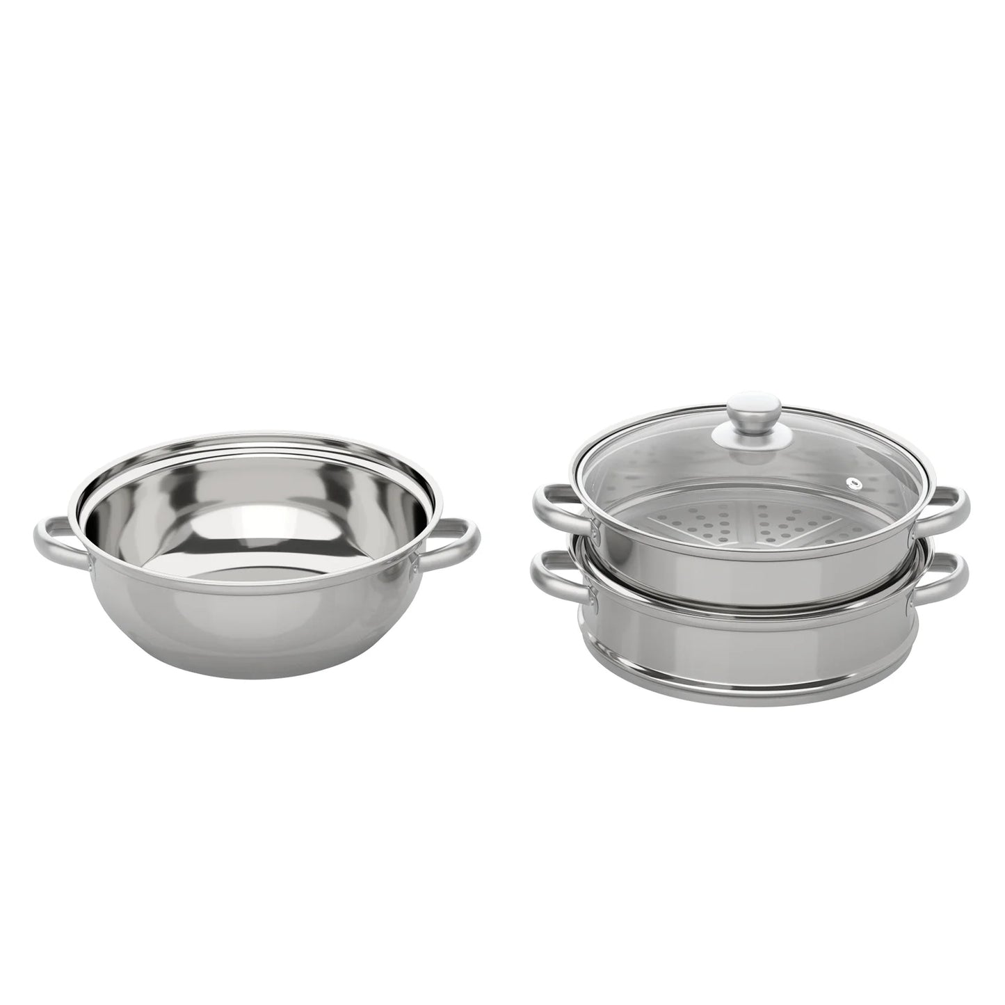 3 Tiers Stainless Steel Steamer 28cm Overlapping Steaming Pot Cookware Kitchen Soup Steamer Cooker Set Silver with Glass Lid