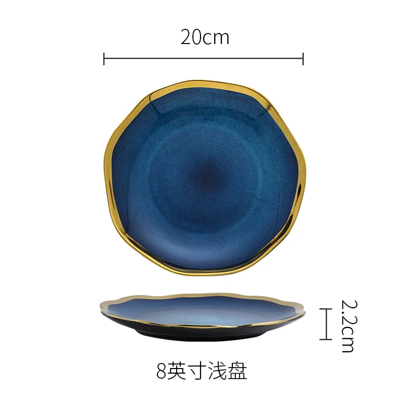 Creative Irregular Ceramic Plate Bowl Nordic Blue Glaze Irregular Golden Edge Steak Plate Main Dish Plate Household Tableware
