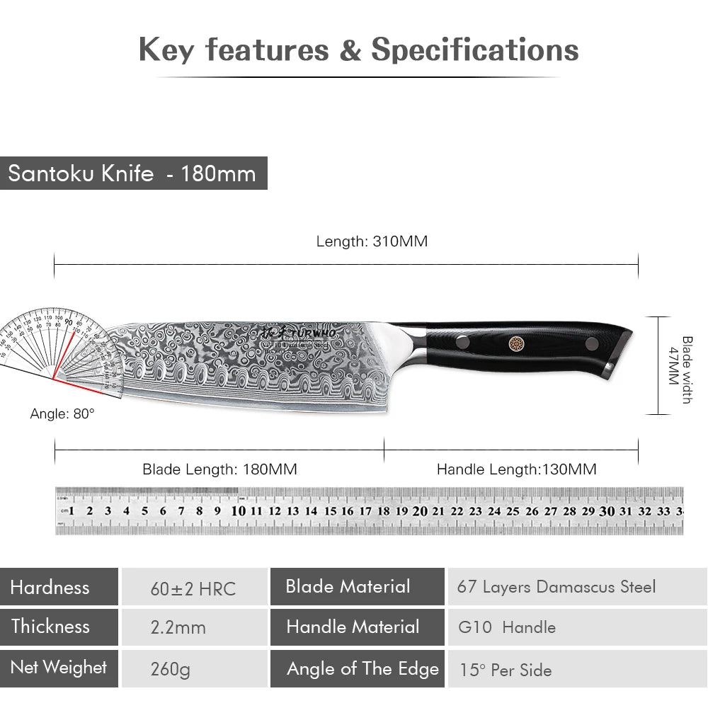 TURWHO 7" Japanese Style Santoku Knife Damascus Steel Professional Chef Knife Slicing Meat Cleaver Beef Kitchen Cooking Tools
