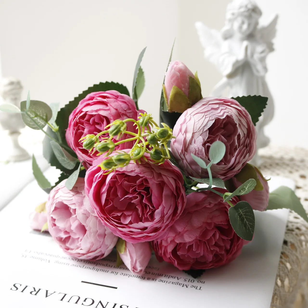 Hot Selling 1pcs/30cm Rose Pink Silk Bouquet Peony Artificial Flower 5 Big Head 4 Small Bud Bride Wedding Home Decoration Artifi