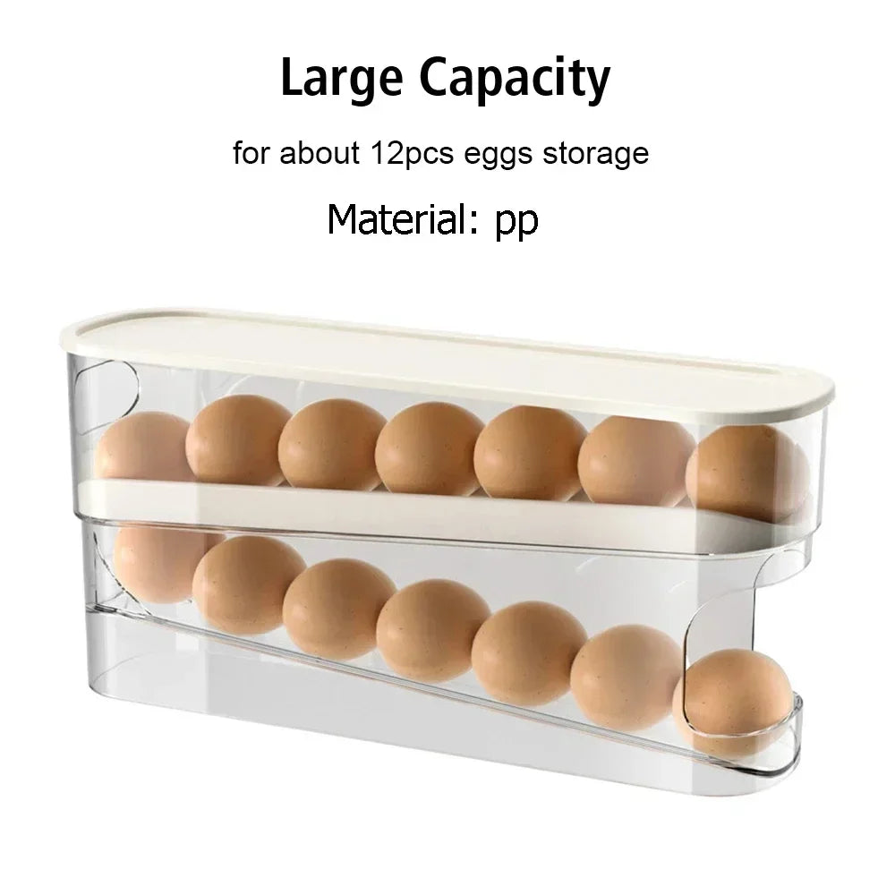 Double Layers Egg Storage Box Refrigerator Automatic Rolling Slide Egg Rack Refrigerator Side Door Freshness Box Kitchen Storage