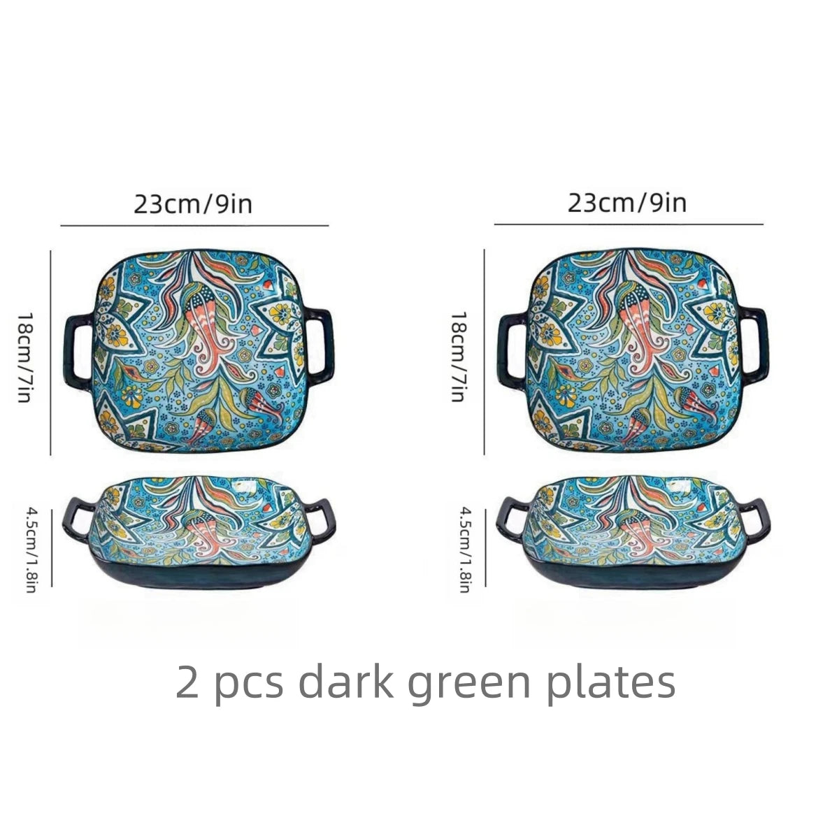 Hand-painted bohemian ceramic baking dish Square with handles For pasta and desserts Suitable for oven and microwave.