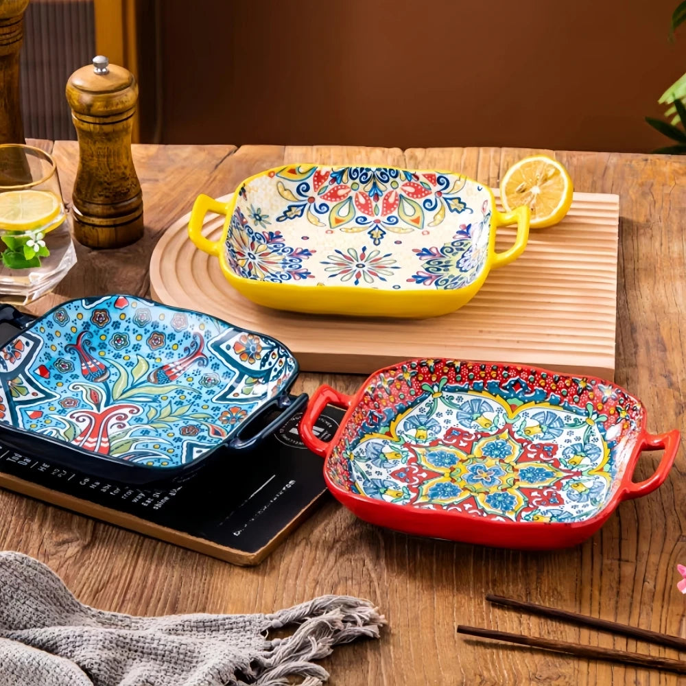 Hand-painted bohemian ceramic baking dish Square with handles For pasta and desserts Suitable for oven and microwave.