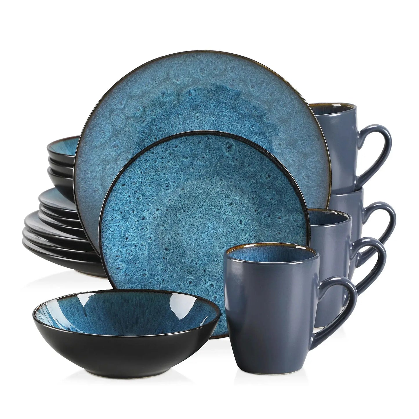 Vintage Ceramic Blue/Brown Stoneware Set with Dinner&Dessert Plate,Bowl,Coffee Cups