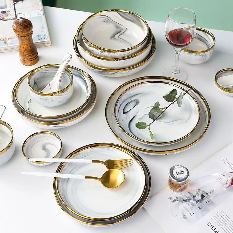 New Double-sided Gilt Rim Gray Marble Pattern Porcelain Dinner Tray Kitchen Plates Ceramic Food Dishes Rice Salad Noodles Bowl