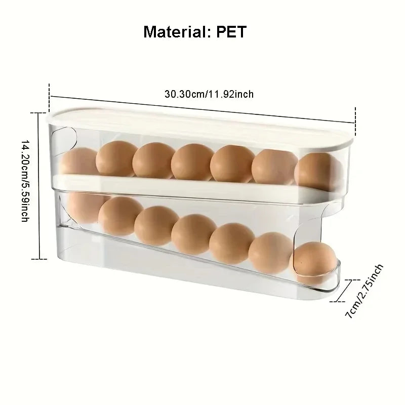 Double Layers Egg Storage Box Refrigerator Automatic Rolling Slide Egg Rack Refrigerator Side Door Freshness Box Kitchen Storage