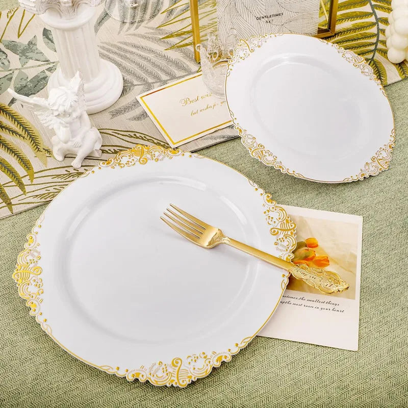 50pc Plate with Gold Beads Rim Plastic Decorative Dinner Serving Dessert plate Wedding Xmas Party Dining plates Decor