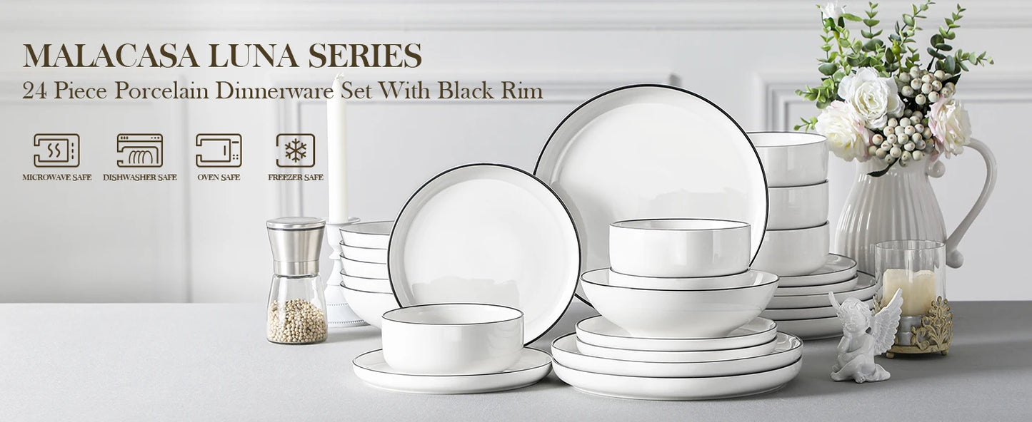 MALACASA 24 Piece Ceramic Plates Porcelain Dinnerware Set with 6 Pcs Dinner/Dessert Plates/Soup/Bowl Tableware Set Service for 6