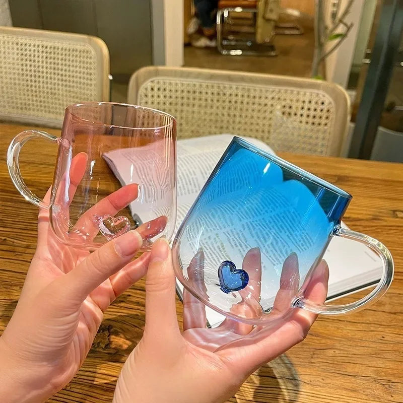 Heart Inside Glass Water Mug 3D Gradient Color Glass Coffee Cup Perfect Espresso Cup Summer Winter Drinkware Kitchen Accessories