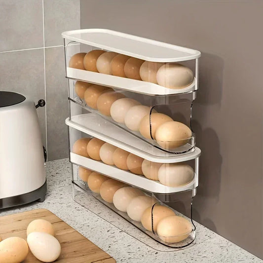 Double Layers Egg Storage Box Refrigerator Automatic Rolling Slide Egg Rack Refrigerator Side Door Freshness Box Kitchen Storage