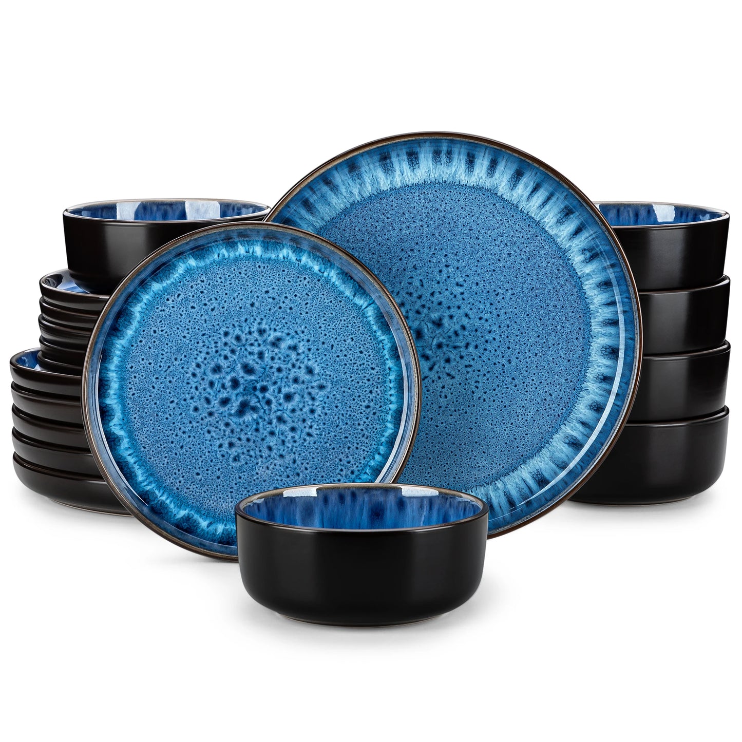 vancasso 18/24PCS Black Ceramic Plate Sets Mediterranean Blue Stoneware Dinner Set with 6PCS Dinner Plate/Dessert/Bowl/Soup