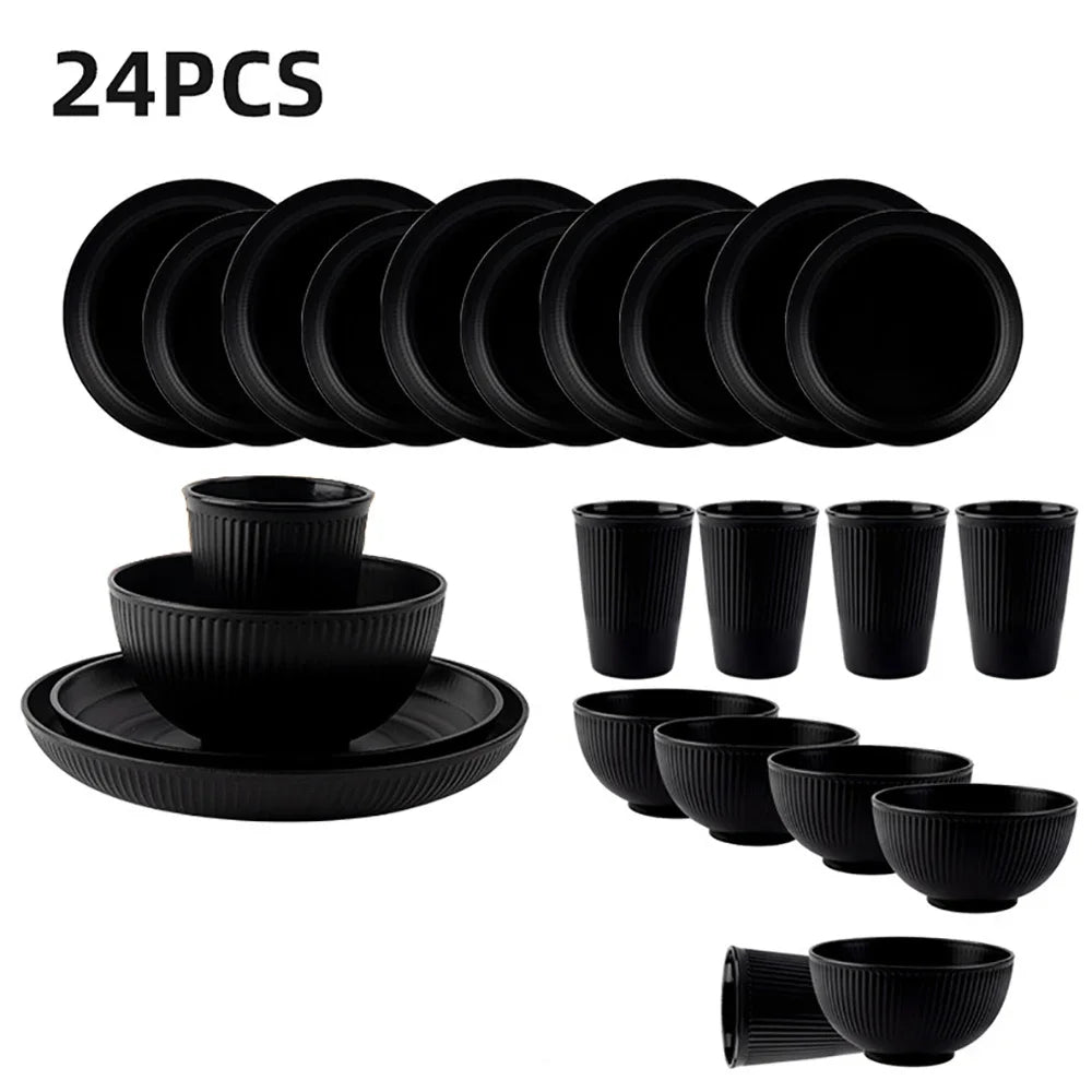 24Pcs/Set Black Unbreakable Dinner Plates Cup Wheat Straw Dinnerware Sets Microwave Dishwasher Safe Reusable Tableware Set