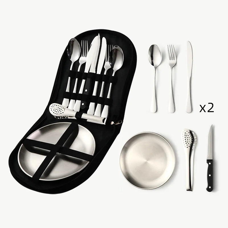 9/10Pcs Camping Tableware Set 304 Stainless Steel Picnic Cutlery Set With Tableware Storage Bag Portable Picnic Set