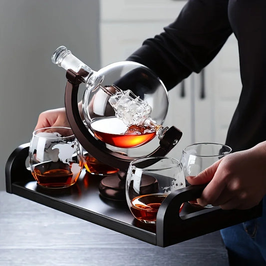 Creative Globe Decanter Set with Lead-free Carafe Exquisite Wood-stand and 2 Whisky Glasses Whiskey Decanter Globe Grade Gift