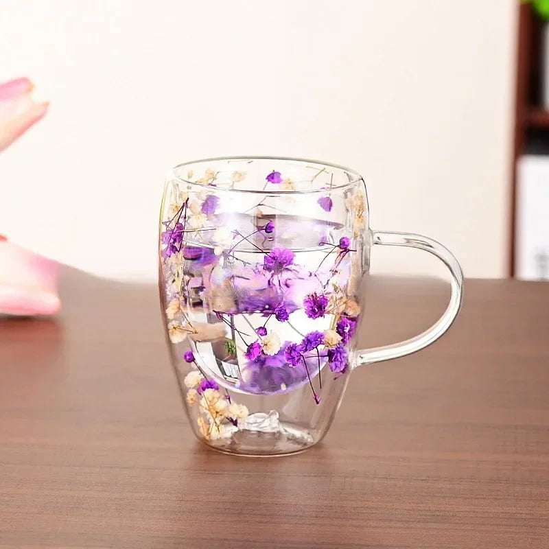 350ml Creative Double High borosilicate Glass Mugs with Handle Heat insulation Flower Milk Coffee Cups Home Water Cup Supplies