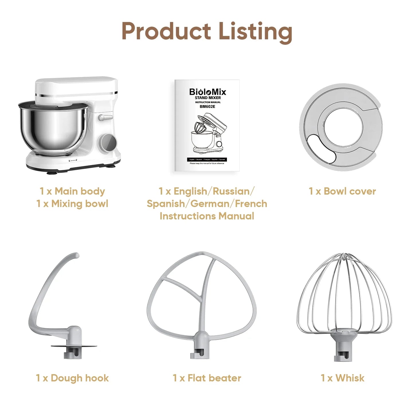 Batidoras BM602E: ¡Acero Inoxidable y Gancho Amasador Increíbles! - Kitchen Food Stand Mixer