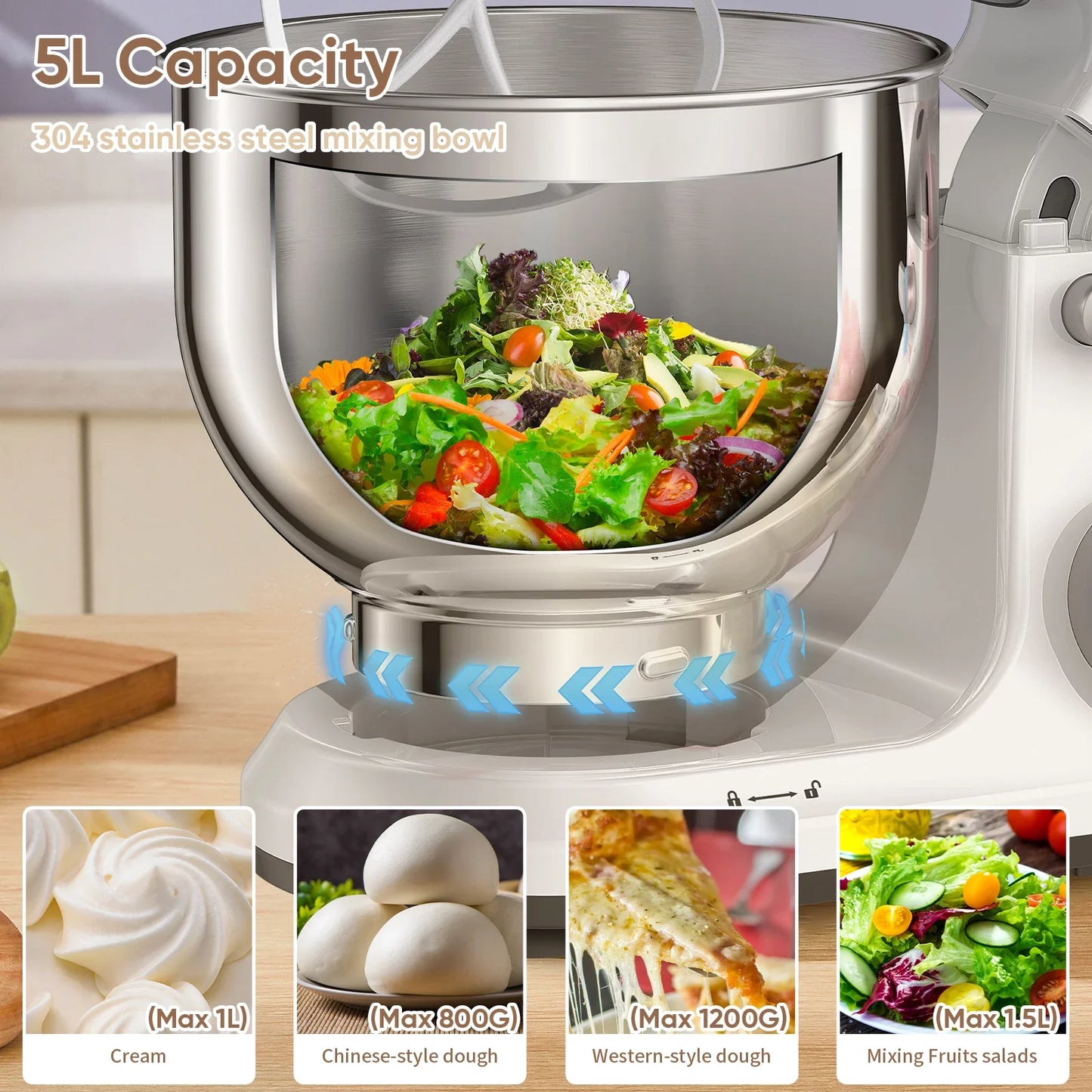 Batidoras BM602E: ¡Acero Inoxidable y Gancho Amasador Increíbles! - Kitchen Food Stand Mixer