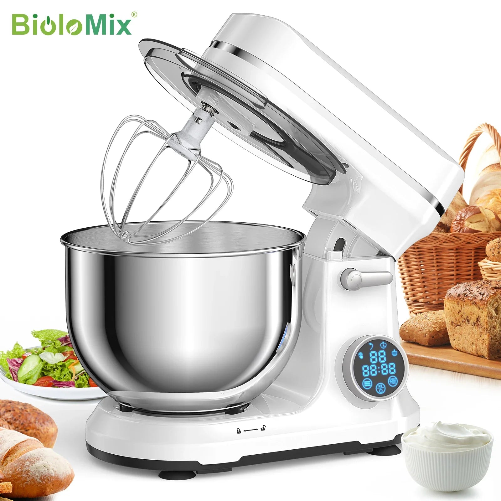 Batidoras BM602E: ¡Acero Inoxidable y Gancho Amasador Increíbles! - Kitchen Food Stand Mixer