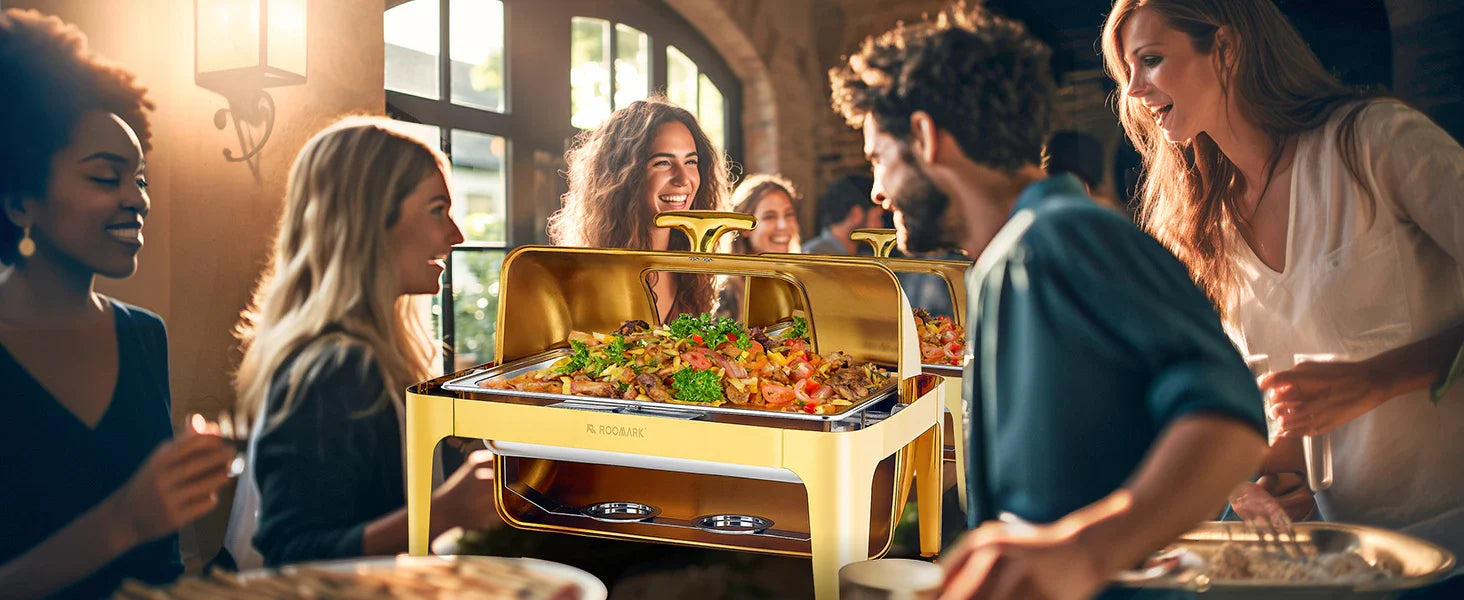 ¡Cheftronics Dorado: Calentador Acero Inoxidable Brillante! - Chafing Dish Buffet Set