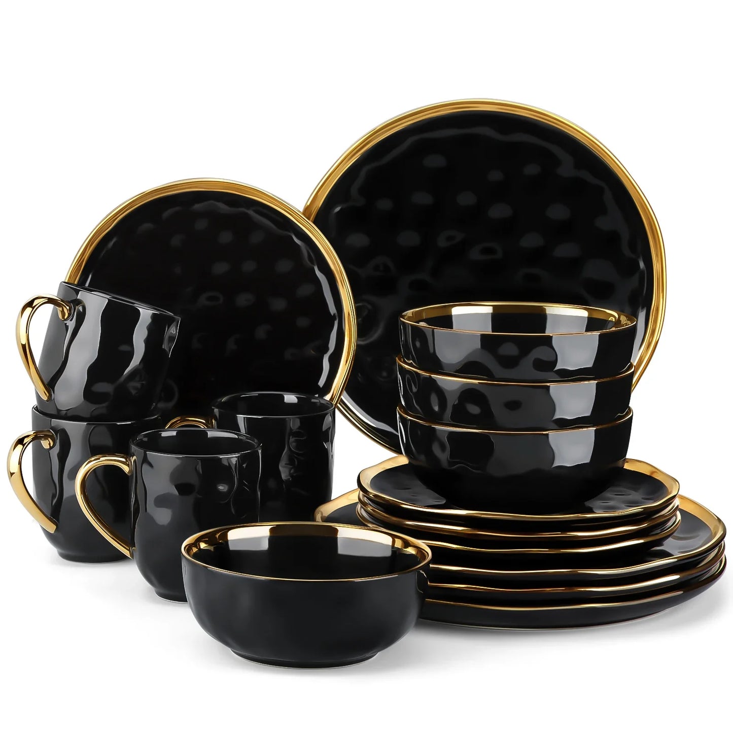 ¡Dorado Ébano: Vajilla de Lujo Black Gold Tableware Set! - 16 Piece / UNITED KINGDOM - LOVECASA Black Porcelain