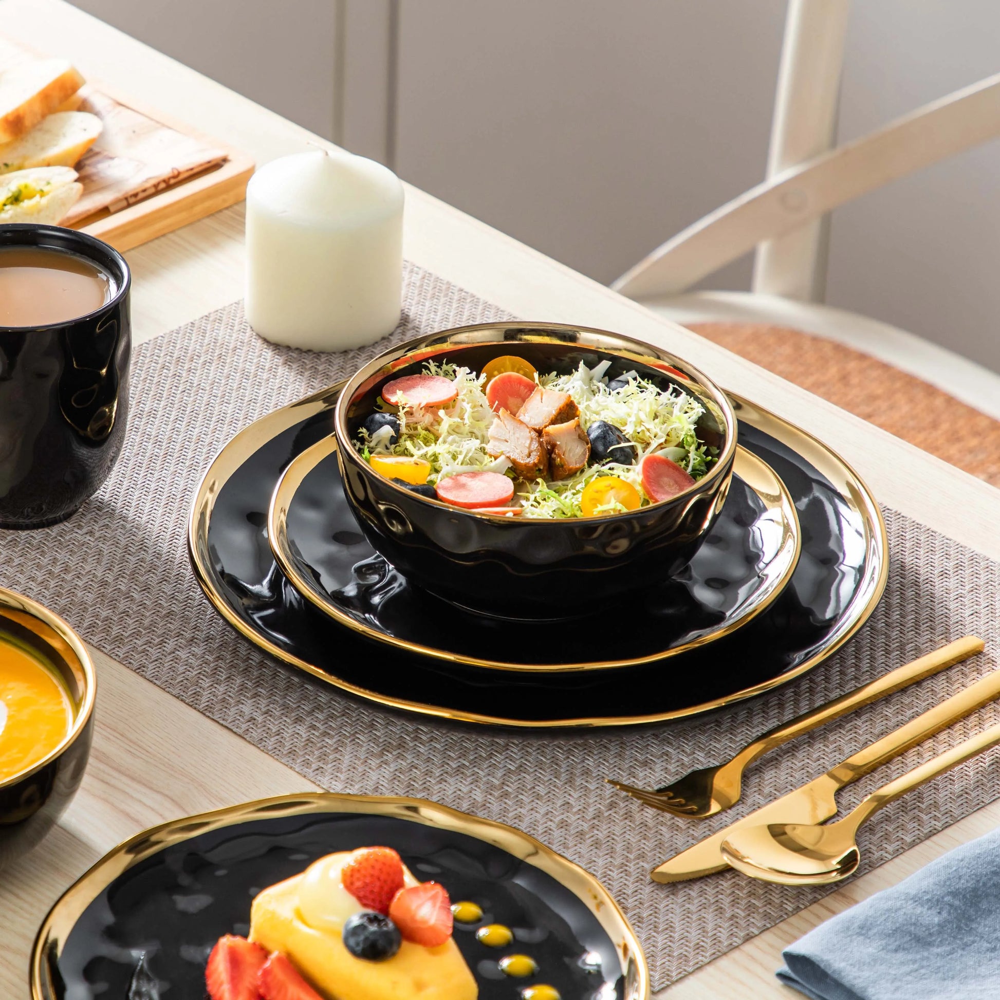 ¡Dorado Ébano: Vajilla de Lujo Black Gold Tableware Set! - LOVECASA Black Porcelain Dinnerware Set