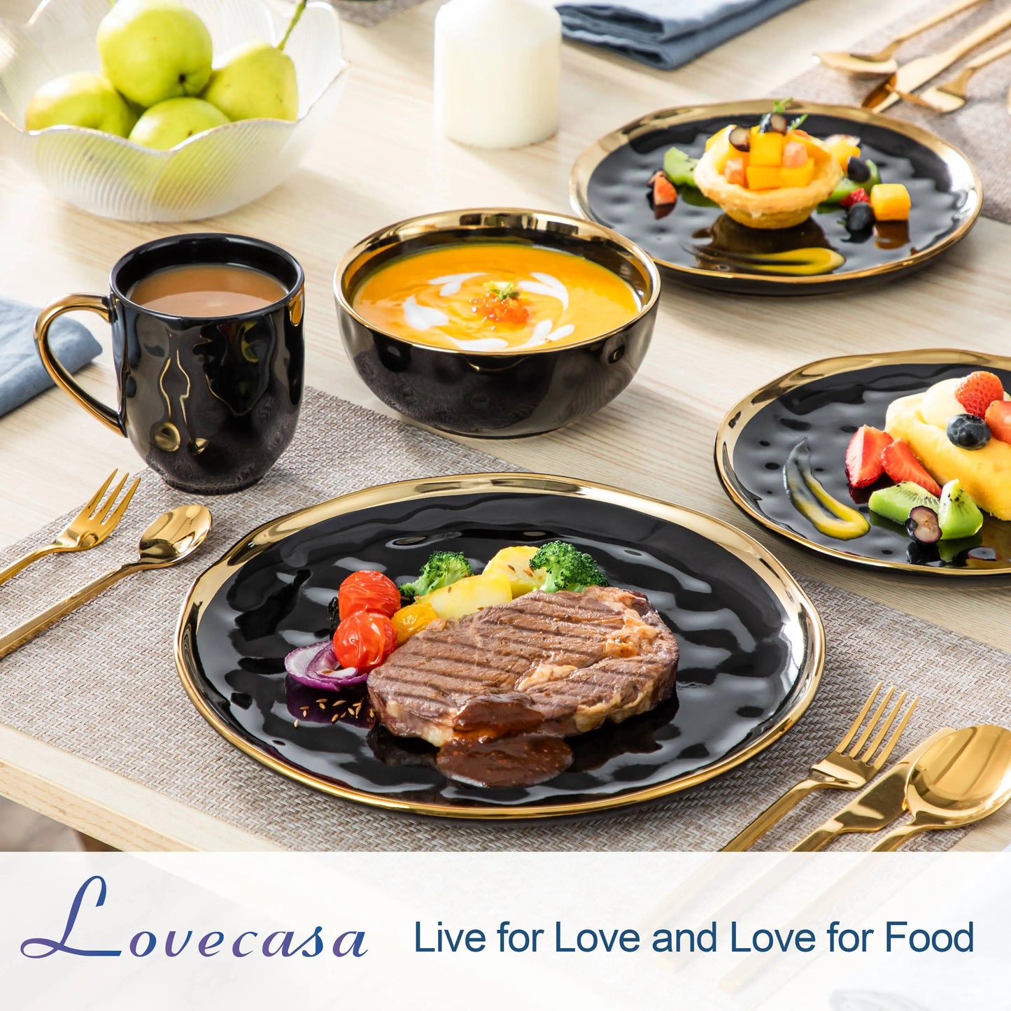 ¡Dorado Ébano: Vajilla de Lujo Black Gold Tableware Set! - LOVECASA Black Porcelain Dinnerware Set