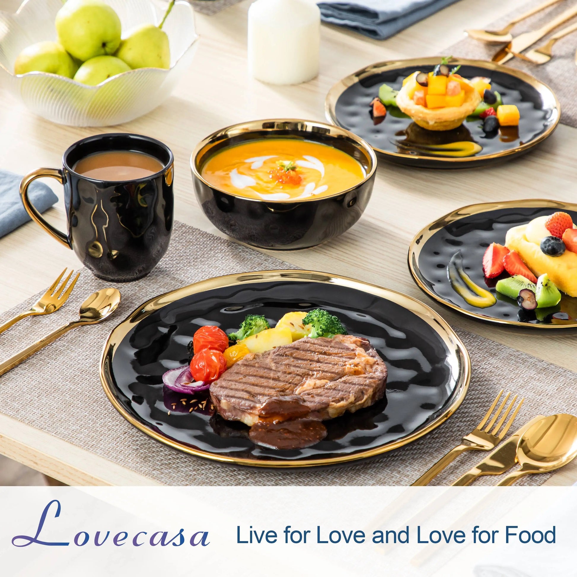 ¡Dorado Ébano: Vajilla de Lujo Black Gold Tableware Set! - LOVECASA Black Porcelain Dinnerware Set