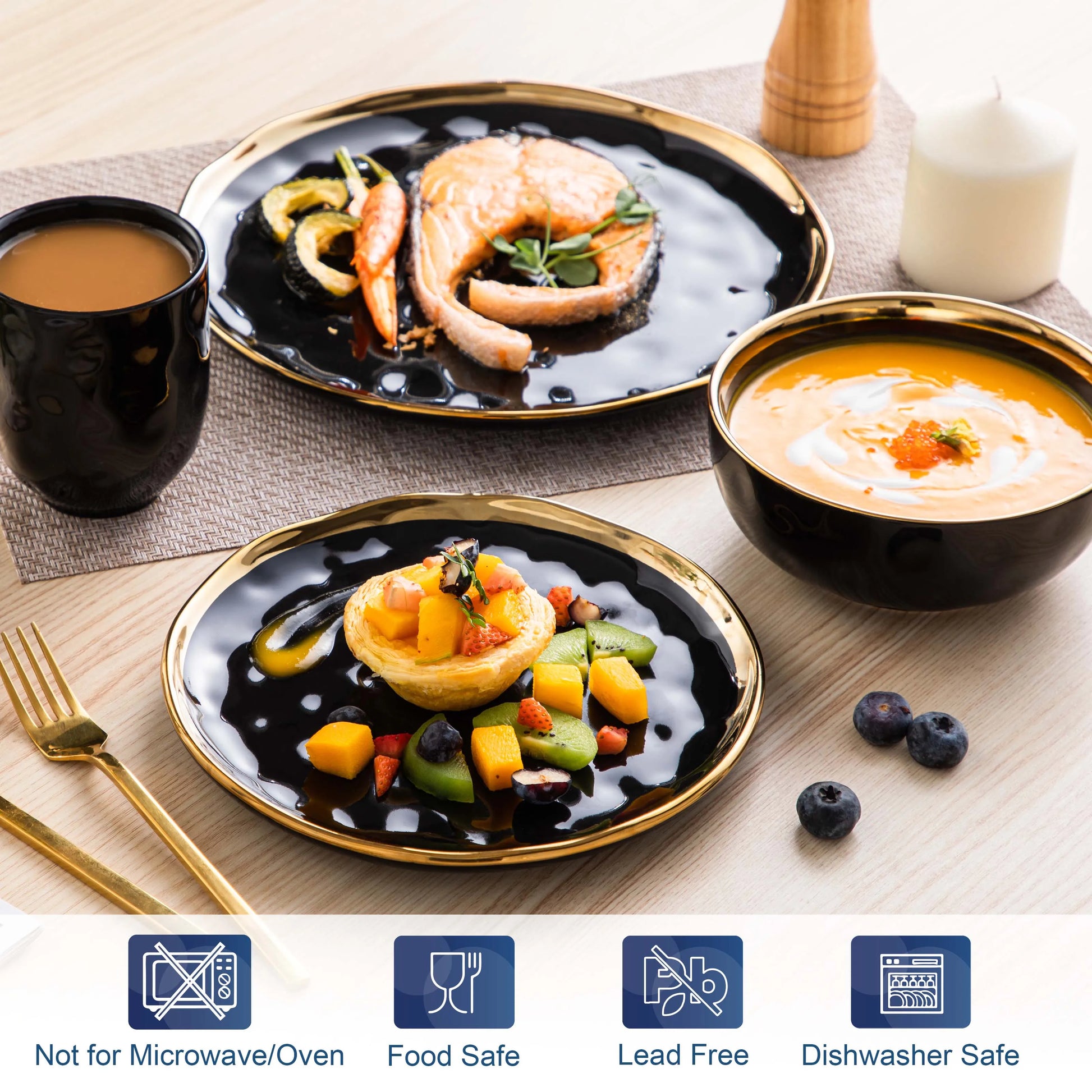 ¡Dorado Ébano: Vajilla de Lujo Black Gold Tableware Set! - LOVECASA Black Porcelain Dinnerware Set