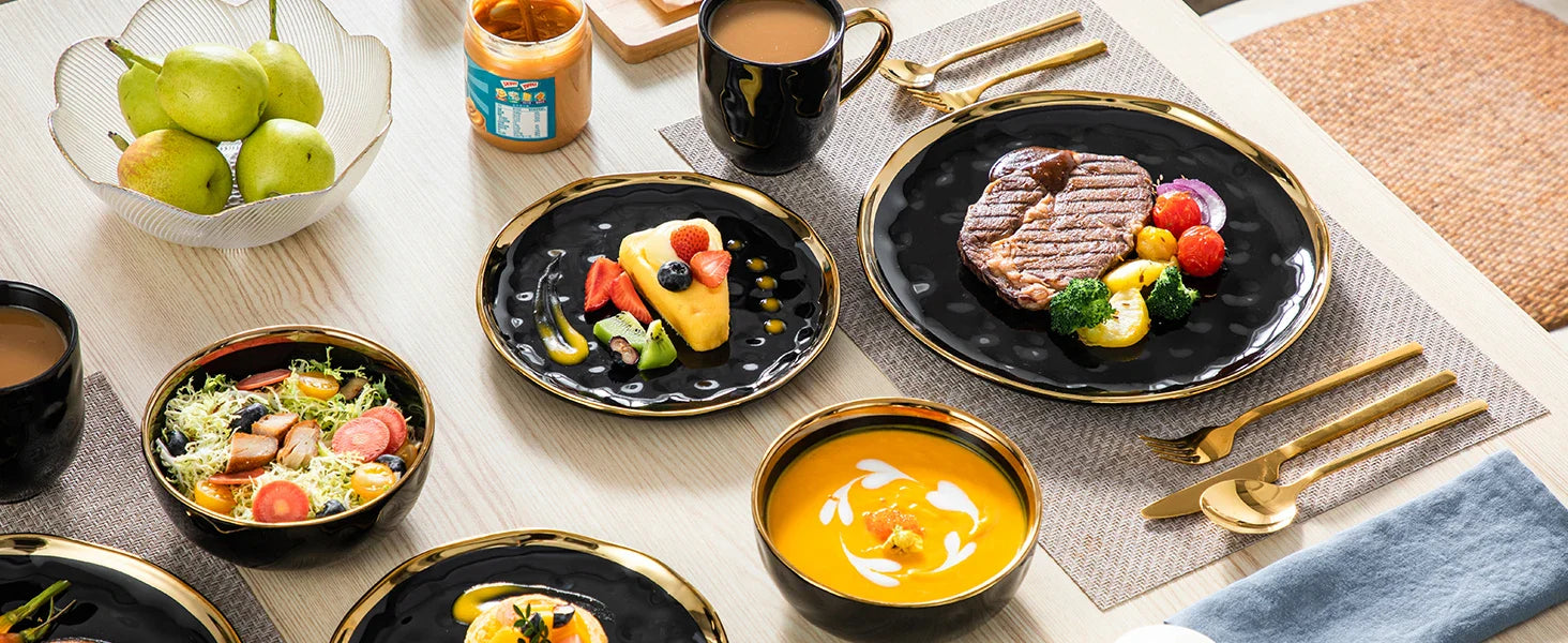 ¡Dorado Ébano: Vajilla de Lujo Black Gold Tableware Set! - LOVECASA Black Porcelain Dinnerware Set