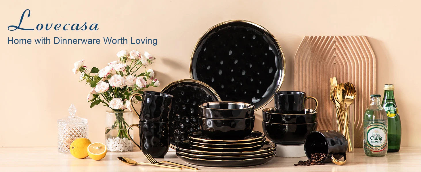 ¡Dorado Ébano: Vajilla de Lujo Black Gold Tableware Set! - LOVECASA Black Porcelain Dinnerware Set