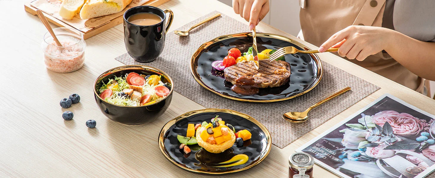 ¡Dorado Ébano: Vajilla de Lujo Black Gold Tableware Set! - LOVECASA Black Porcelain Dinnerware Set