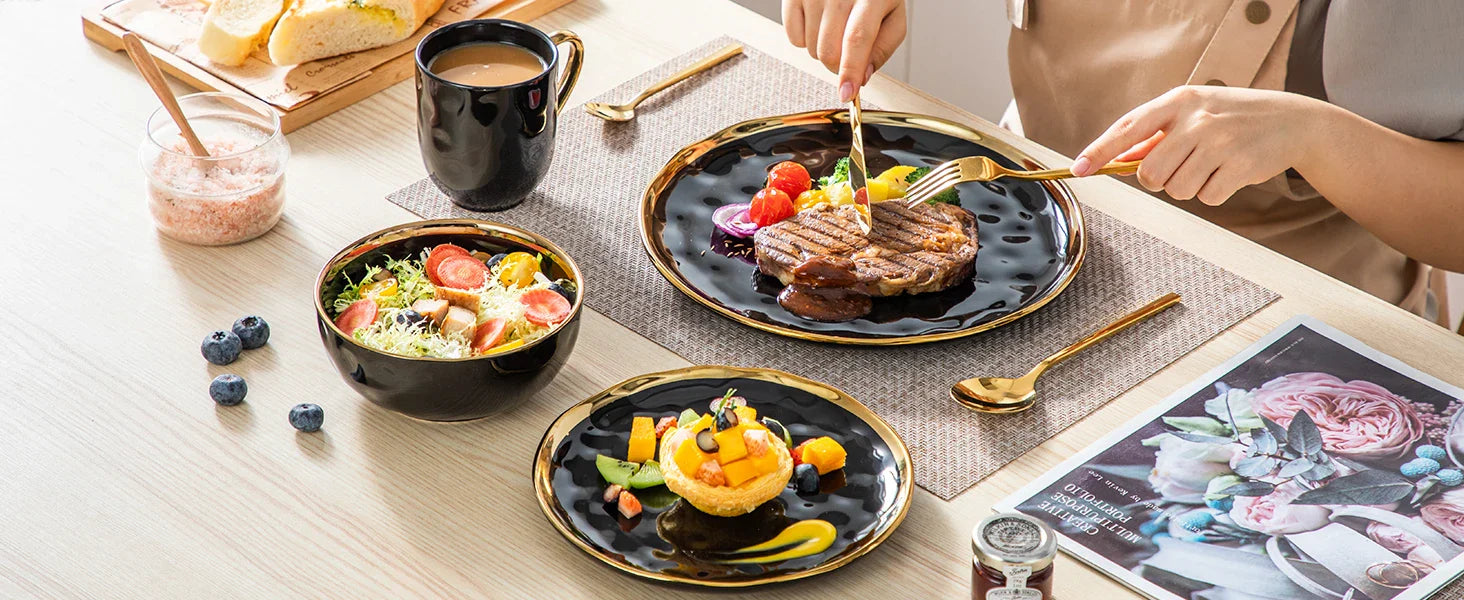 ¡Dorado Ébano: Vajilla de Lujo Black Gold Tableware Set! - LOVECASA Black Porcelain Dinnerware Set