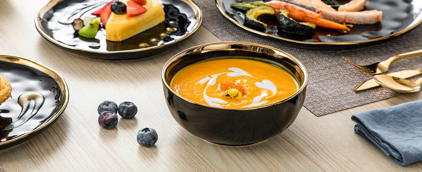 ¡Dorado Ébano: Vajilla de Lujo Black Gold Tableware Set! - LOVECASA Black Porcelain Dinnerware Set