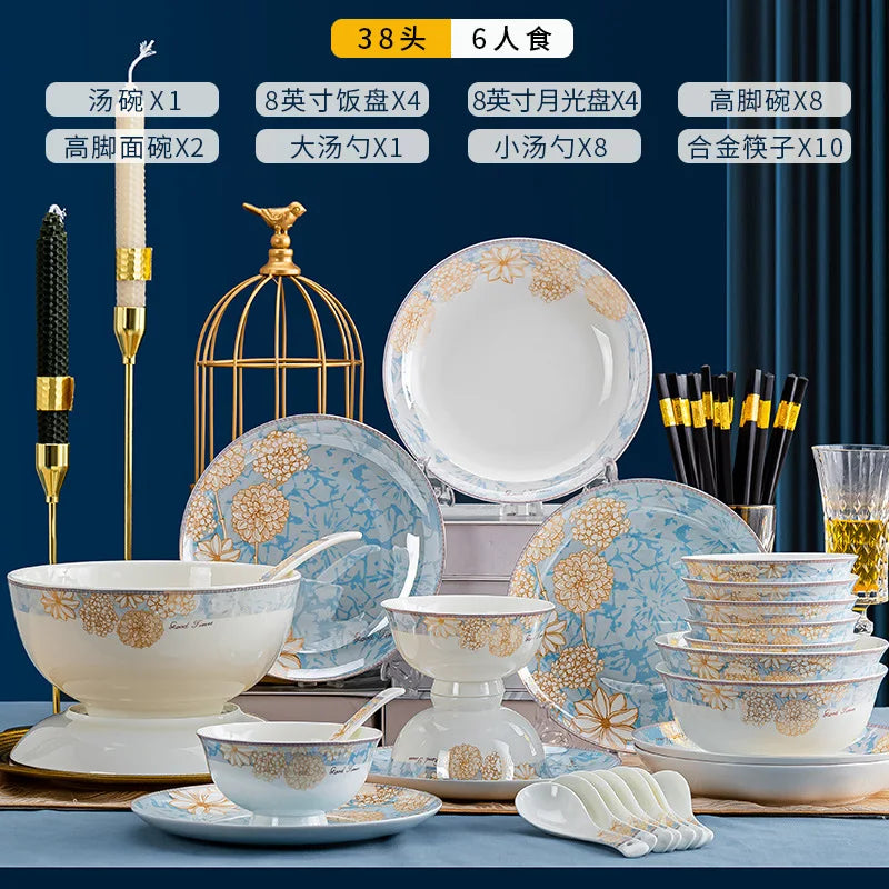 ¡Éxtasis Floral! Juego de Platos Dorados - 38Pcs - HOONRA High-Grade Dessert Soup Ceramic Dinner Plate Set