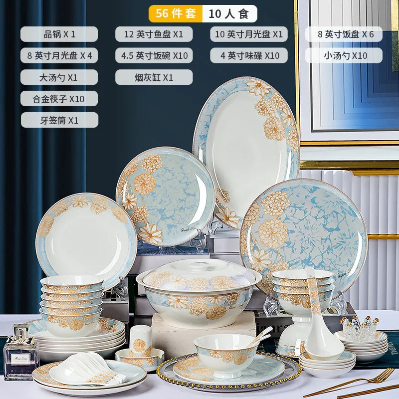 ¡Éxtasis Floral! Juego de Platos Dorados - 56Pcs - HOONRA High-Grade Dessert Soup Ceramic Dinner Plate Set