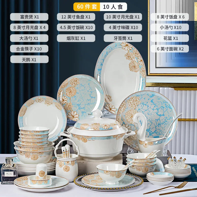 ¡Éxtasis Floral! Juego de Platos Dorados - 60Pcs - HOONRA High-Grade Dessert Soup Ceramic Dinner Plate Set