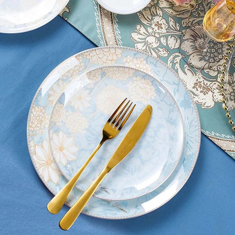 ¡Éxtasis Floral! Juego de Platos Dorados - HOONRA High-Grade Dessert Soup Ceramic Dinner Plate Set