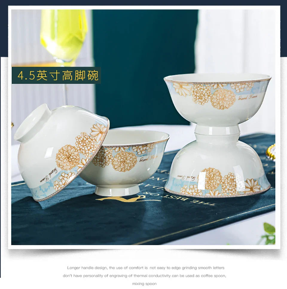 ¡Éxtasis Floral! Juego de Platos Dorados - HOONRA High-Grade Dessert Soup Ceramic Dinner Plate Set