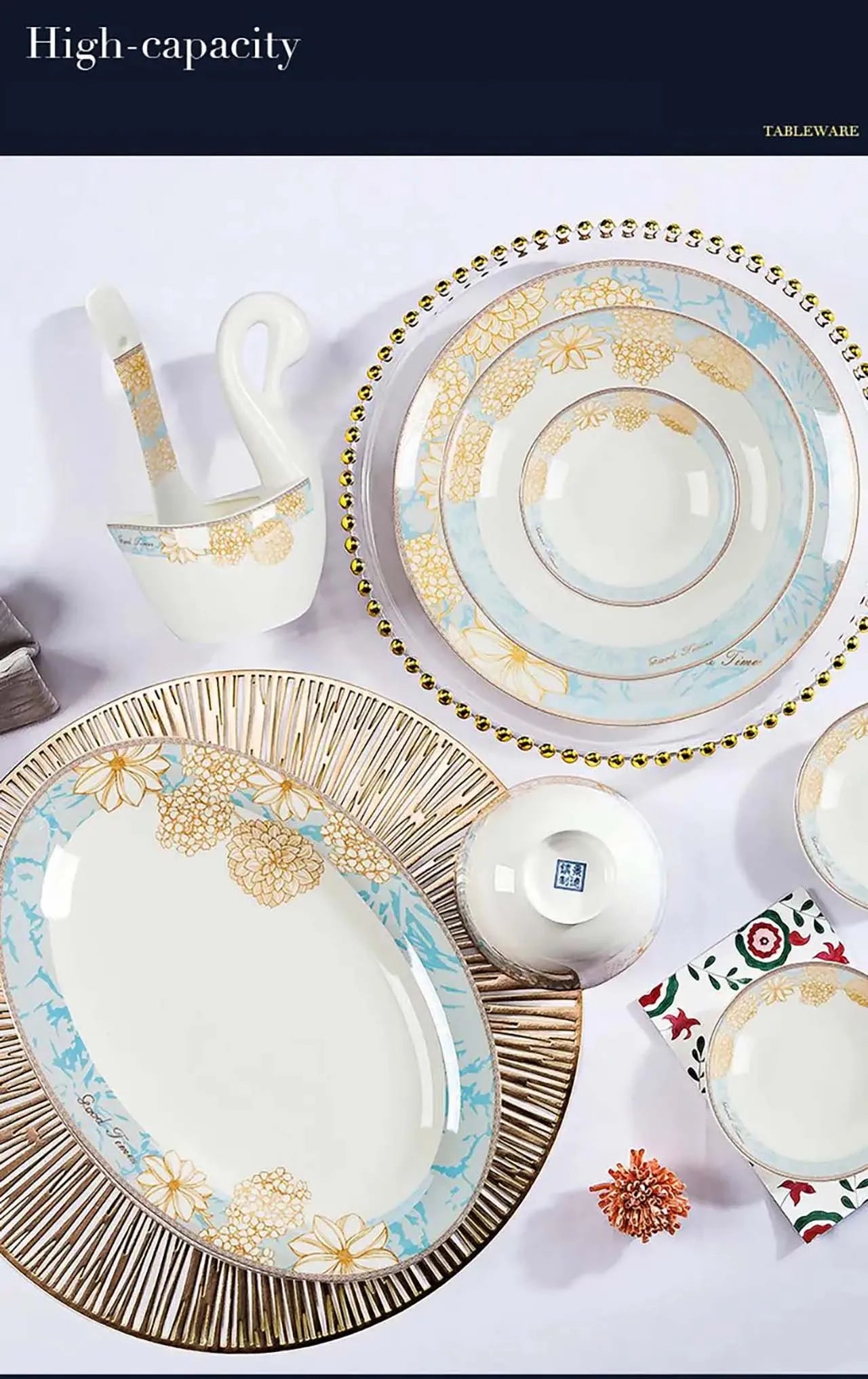 ¡Éxtasis Floral! Juego de Platos Dorados - HOONRA High-Grade Dessert Soup Ceramic Dinner Plate Set