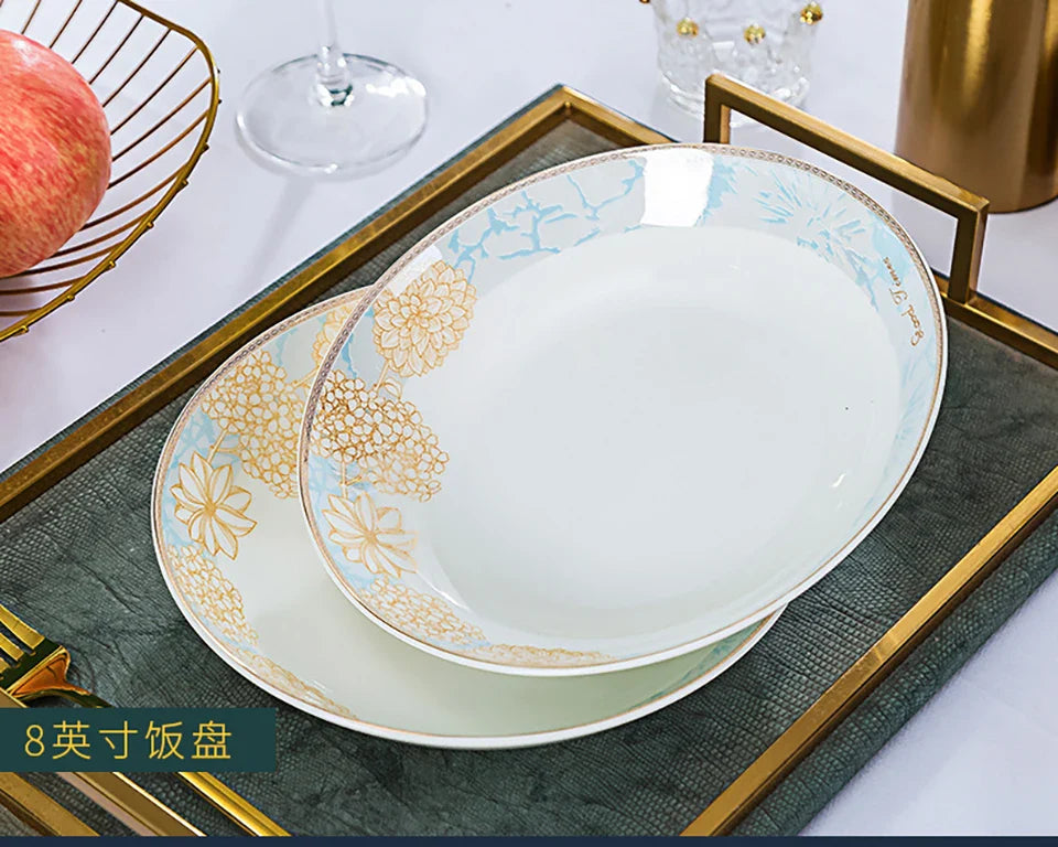 ¡Éxtasis Floral! Juego de Platos Dorados - HOONRA High-Grade Dessert Soup Ceramic Dinner Plate Set
