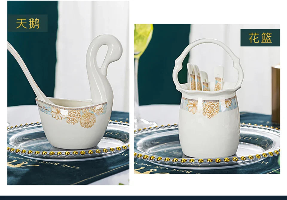 ¡Éxtasis Floral! Juego de Platos Dorados - HOONRA High-Grade Dessert Soup Ceramic Dinner Plate Set