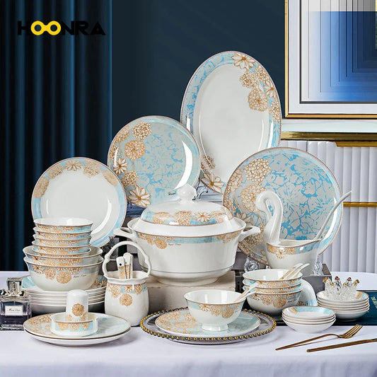 ¡Éxtasis Floral! Juego de Platos Dorados - HOONRA High-Grade Dessert Soup Ceramic Dinner Plate Set