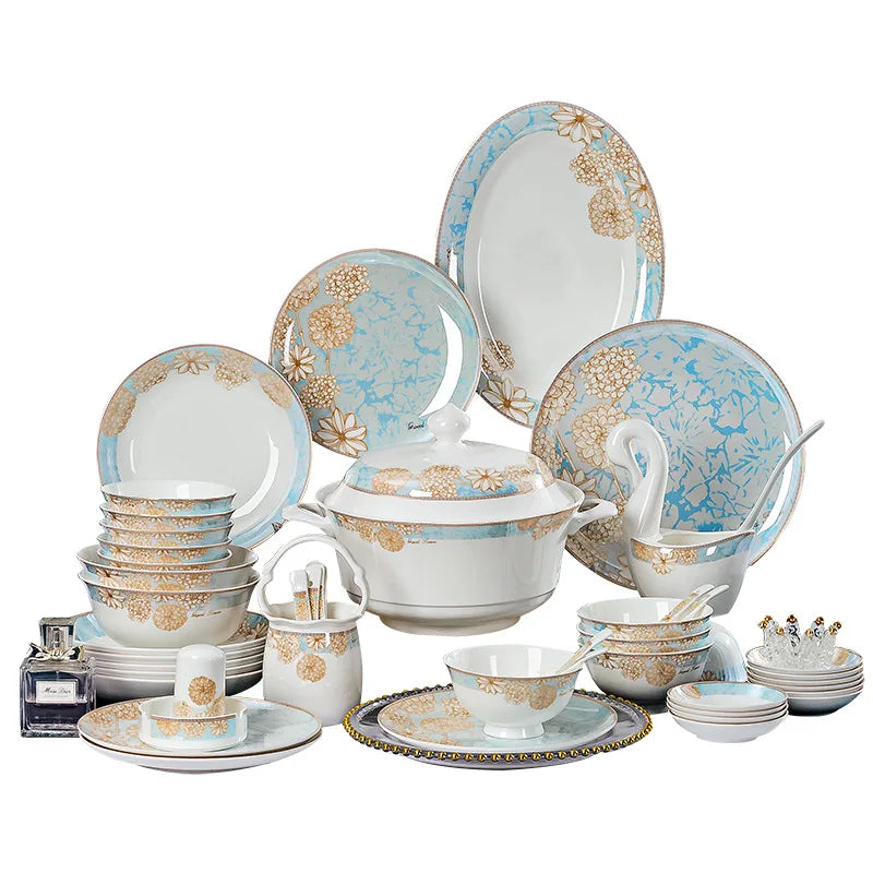 ¡Éxtasis Floral! Juego de Platos Dorados - HOONRA High-Grade Dessert Soup Ceramic Dinner Plate Set