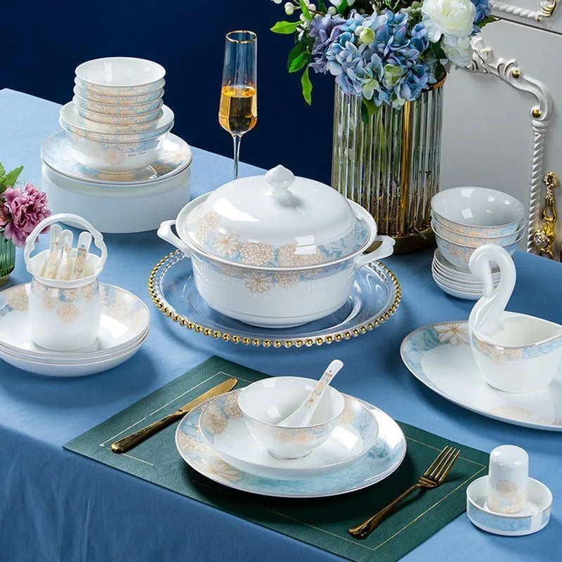 ¡Éxtasis Floral! Juego de Platos Dorados - HOONRA High-Grade Dessert Soup Ceramic Dinner Plate Set